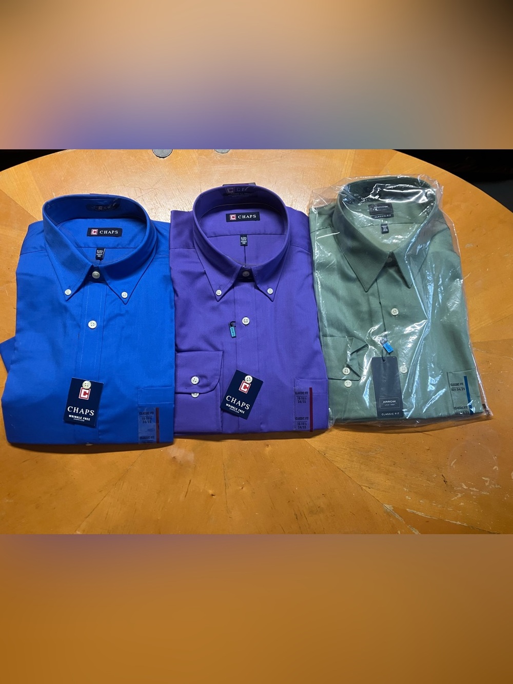 NWT 3x Lot Mens Dress Shirts 16.5 34/35 Chaps & Arrow Blue Purple Green